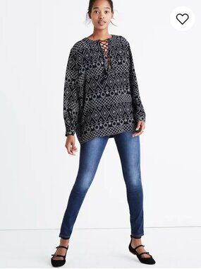Madewell Lace-Up Peasant Top in Caravan Print in Black/White - Size M